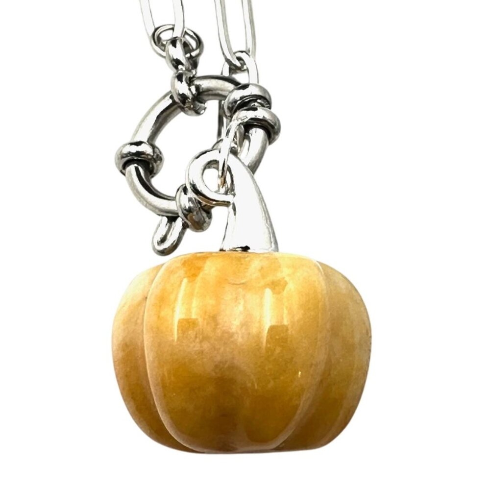 Topaz Gemstone Pumpkin Pendant Necklace Silver Tone 17 Inch